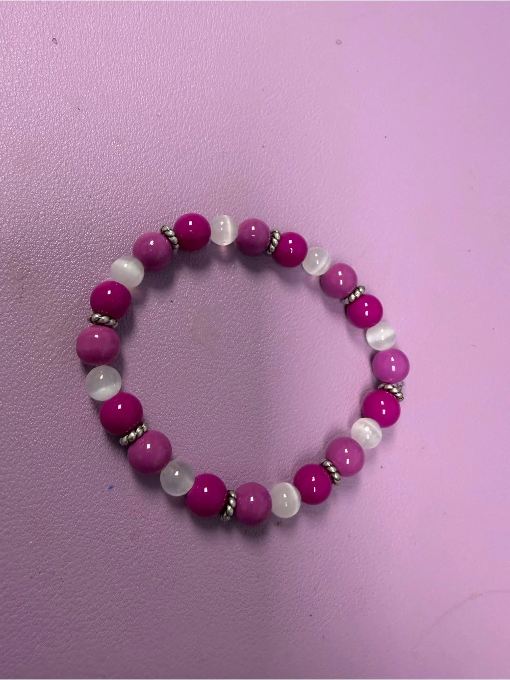 Pink Beaded Stretch Bracelet with Silver Accents